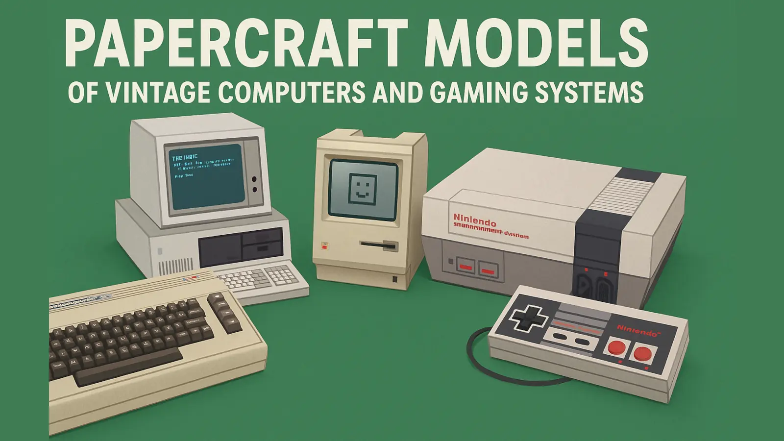 Papercraft models of vintage computers and gaming consoles including Commodore 64, IBM PC, Macintosh, and Nintendo NES