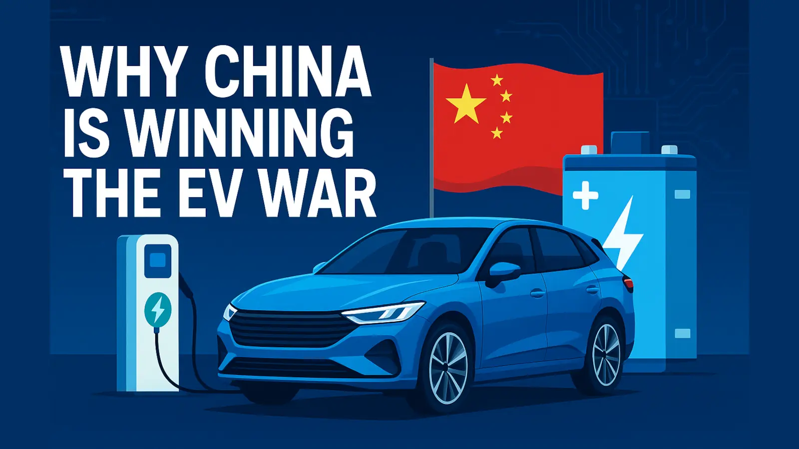 Illustration showing an electric car, Chinese flag, and battery symbolizing China's EV industry dominance