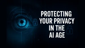 An AI digital eye scanning data with futuristic digital locks, symbolizing online privacy