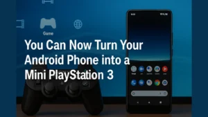 Android phone and PlayStation 3 controller with text promoting PS3 emulator for Android in 2025