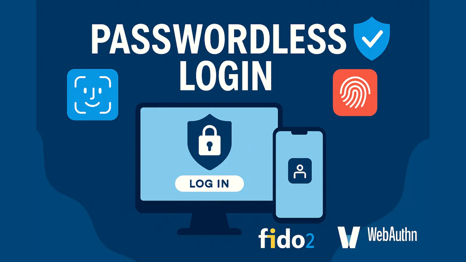 Illustration of passwordless login with Face ID, Touch ID, FIDO2, WebAuthn, and secure mobile/PC login interface