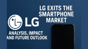 Stylized illustration of LG smartphone production shutdown with a closed factory sign