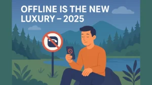 Man enjoying offline time in nature with no-signal phone – digital detox 2025 concept