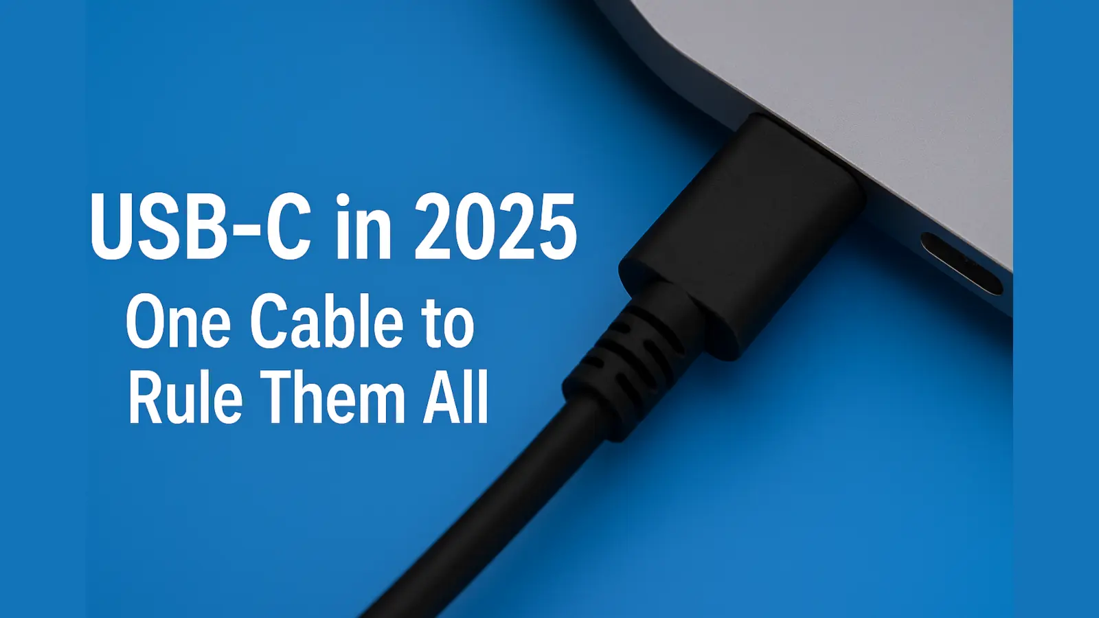 Close-up of a USB-C cable plugged into a laptop with the text "USB-C in 2025 – One Cable to Rule Them All