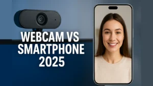 Side-by-side comparison of webcam and smartphone camera quality in 2025
