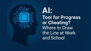 Tool for Progress or Cheating — modern tech illustration with head silhouette and chip