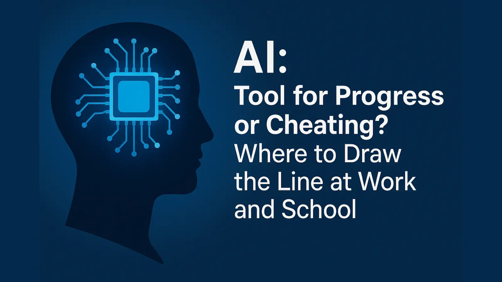 Tool for Progress or Cheating — modern tech illustration with head silhouette and chip