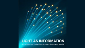 Illustration of glowing optical fiber cables symbolizing high-speed global communication.