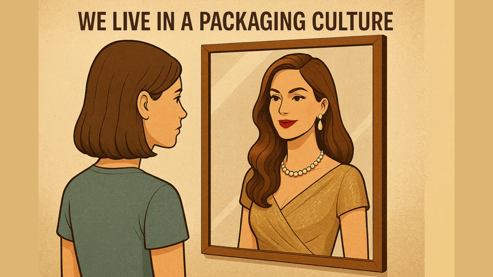 Young woman standing in front of a mirror, seeing a glamorous, idealised version of herself with the text “We Live in a Packaging Culture” above – illustration about social media and self-image.