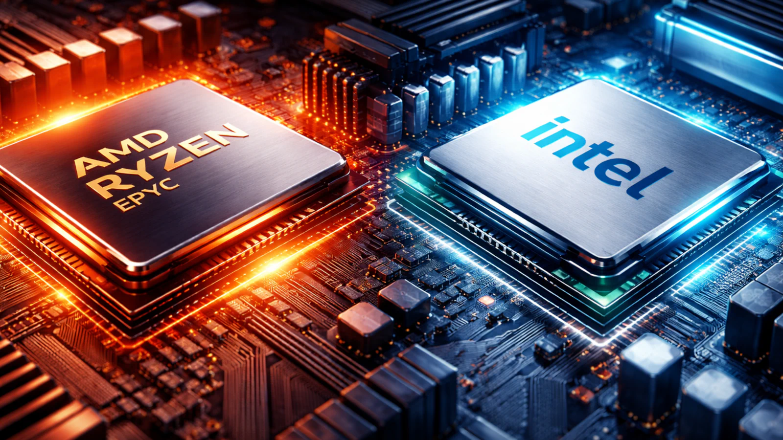 AMD and Intel processors on a motherboard, symbolizing the CPU rivalry