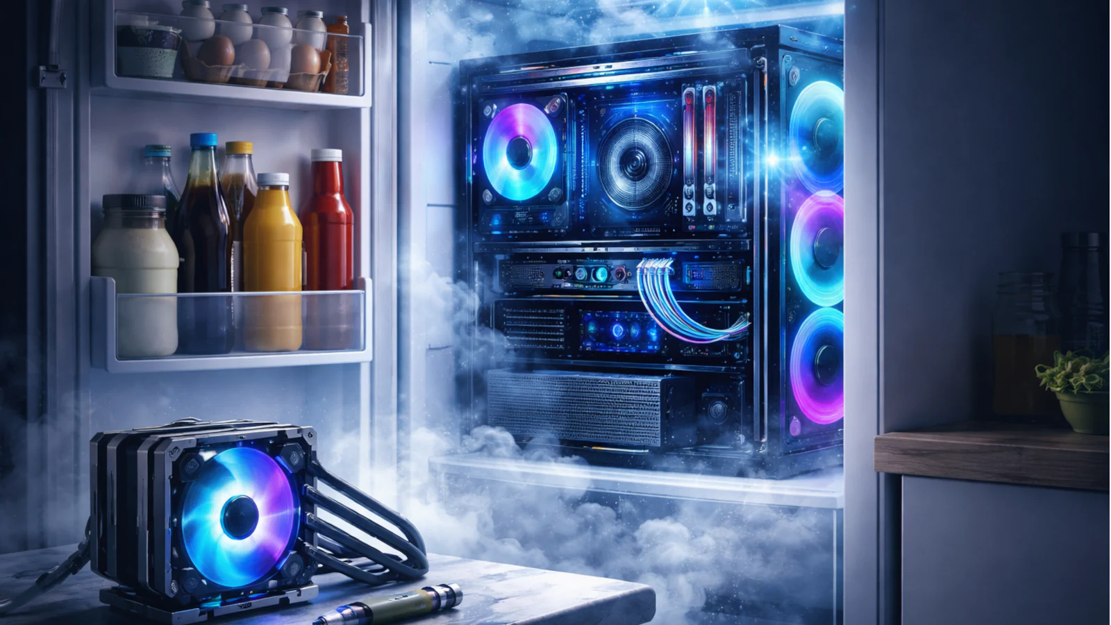 Gaming PC inside an open refrigerator with RGB fans, surrounded by cold mist and condensation.