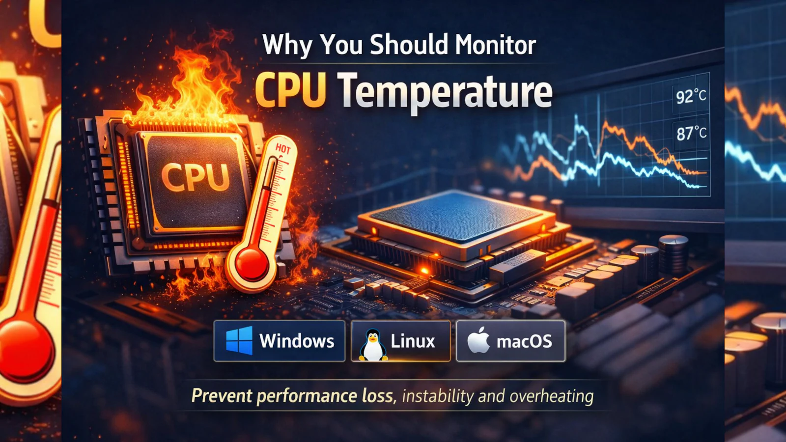 Illustration of an overheating CPU with a thermometer and monitoring graphs, showing why CPU temperature monitoring matters on Windows, Linux, and macOS.