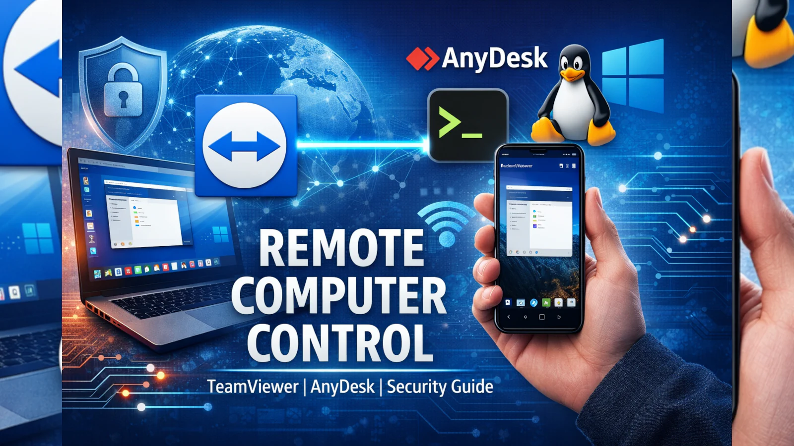 Remote computer control illustrated with laptop and smartphone, highlighting TeamViewer, AnyDesk, Windows and Linux access.