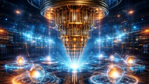 Illustration of a quantum computer with qubits and entangled quantum connections