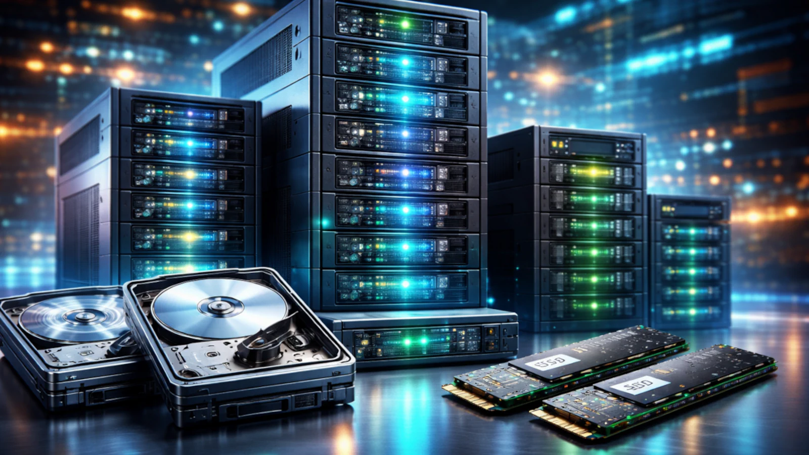 Data center servers with HDD and NVMe SSD drives representing RAID storage.