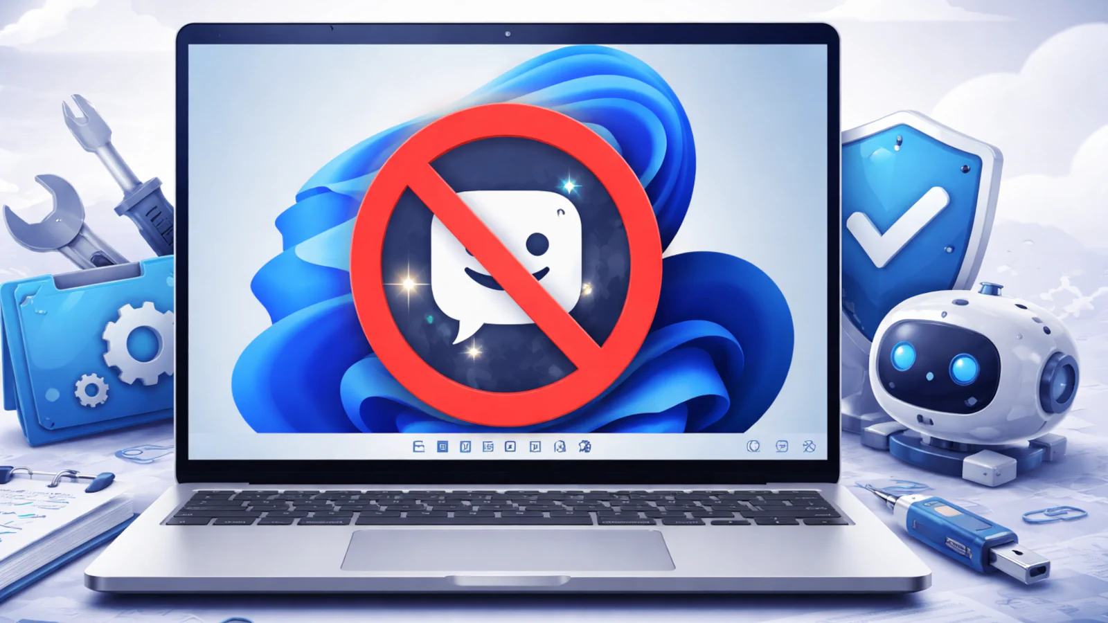 Illustration of a Windows 11 laptop with a disabled Copilot AI icon