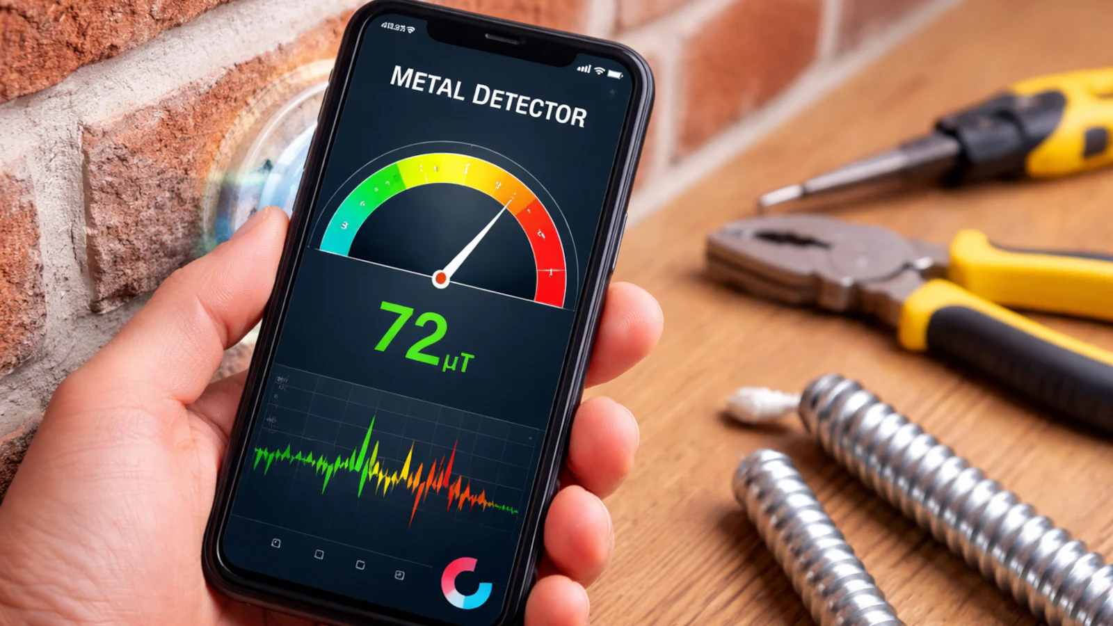 Smartphone shows a metal detector app reading magnetic field strength in µT near a wall and tools.