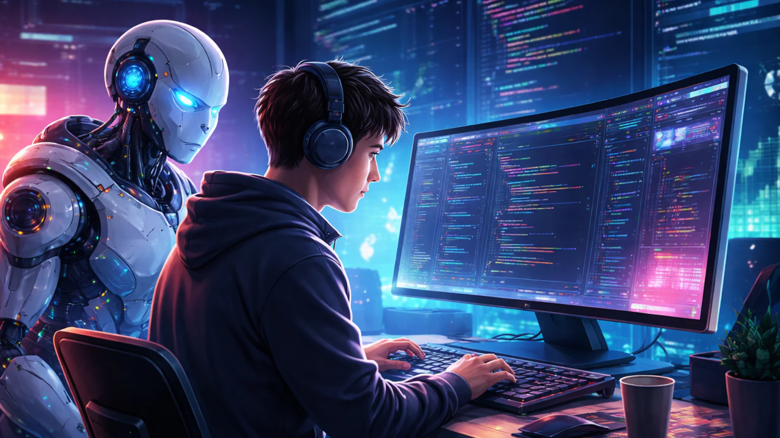 A programmer working at a computer while an AI robot assists in the background, depicting a futuristic software development scene.