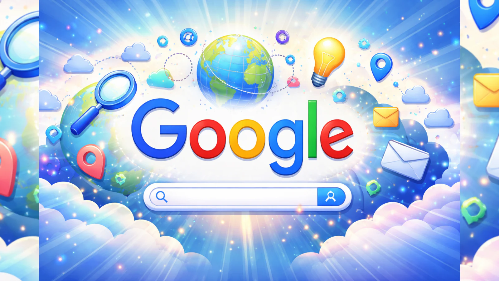 Google logo with a magnifying glass highlighting 10^100, symbolizing the “googol” origin of the name.