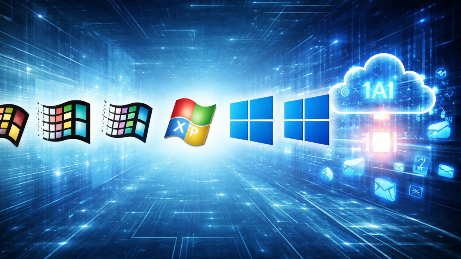 Timeline-style illustration showing the evolution of Windows icons from early versions to Windows 11 and an AI cloud concept.