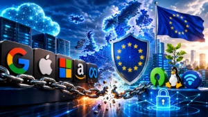 European digital sovereignty shown through a map of Europe, cloud infrastructure, data protection and reduced dependence on Big Tech companies.