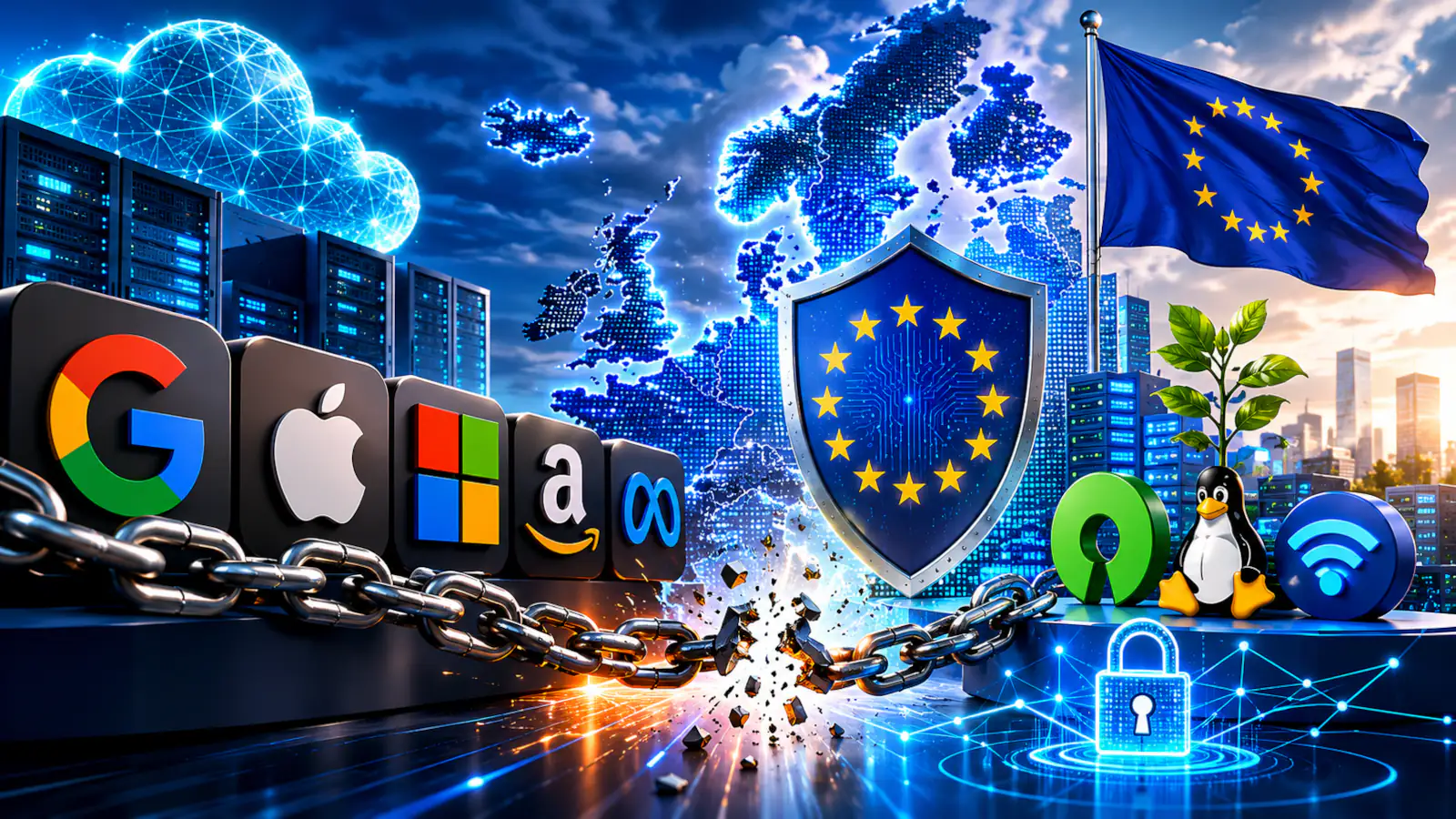 European digital sovereignty shown through a map of Europe, cloud infrastructure, data protection and reduced dependence on Big Tech companies.