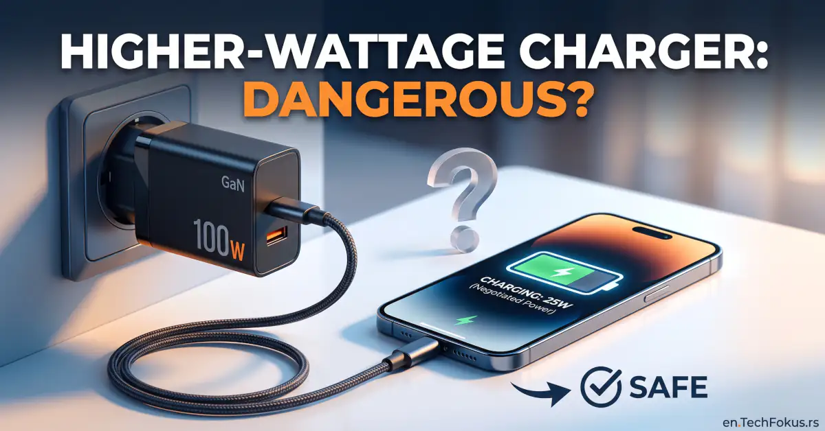 A 100W GaN USB-C wall charger safely fast charging a smartphone with negotiated 25W power output.