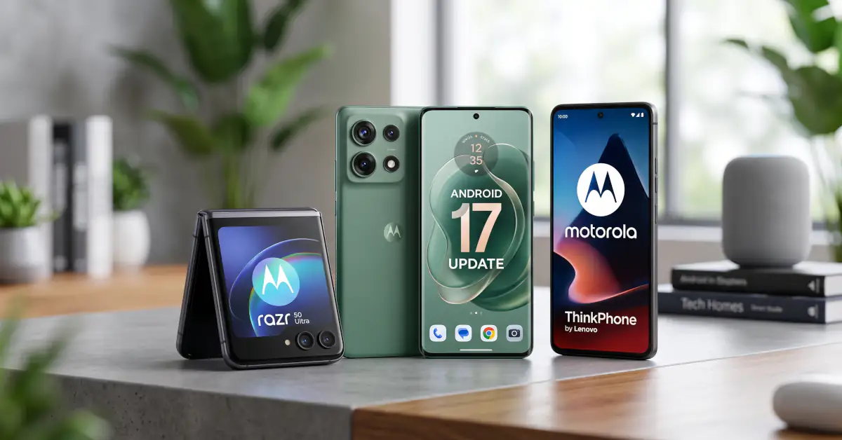 group of Motorola smartphones that will receive the Android 17 update, including Razr and Edge models, with text "ANDROID 17 UPDATE" on one screen.