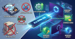 Infographic comparing outdated PC maintenance myths like manual defrag and registry cleaners with modern SSD optimization and Windows security.