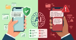 Split-screen comparison showing safe anonymized AI prompts on the left versus risky sensitive data leaks on the right.