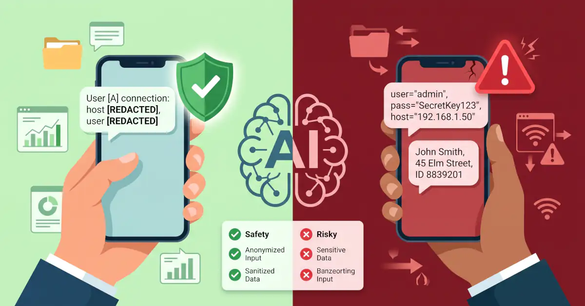 Split-screen comparison showing safe anonymized AI prompts on the left versus risky sensitive data leaks on the right.