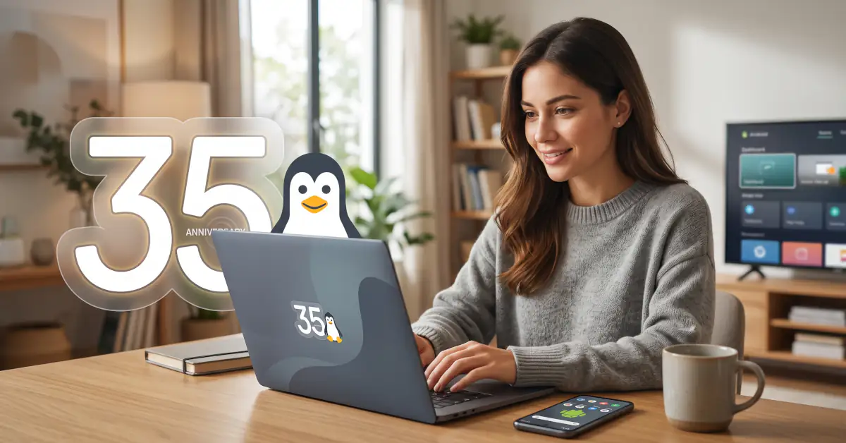 A friendly young woman smiles while typing on a laptop, a stylized '35' with a Linux penguin next to it is overlaid, in a comfortable home setting.
